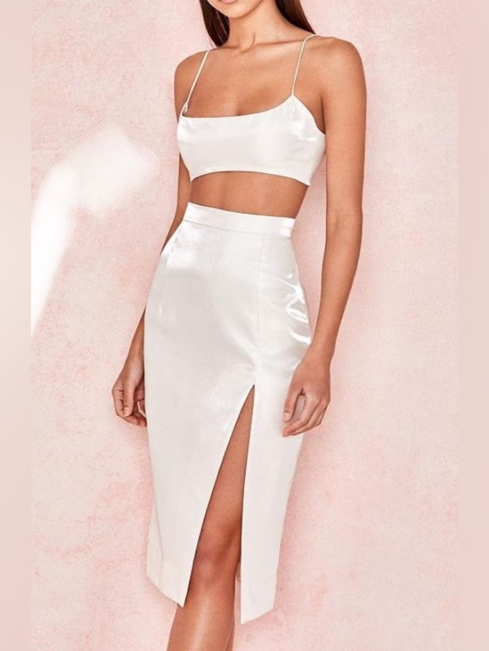 House of CB Kaia Skirt - Ivory Shimmer Front Slit Pencil Skirt